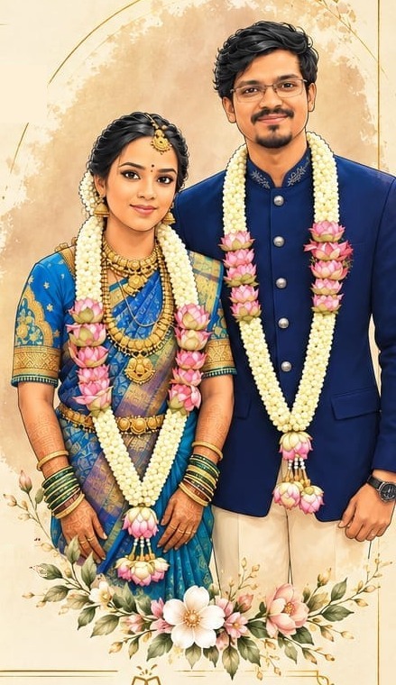 Illustration of Balaji and Sujithra in wedding attire with jasmine garlands